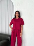 Osy Modal Yumuşak Dokulu Kumaş Bisiklet Yaka T-shirt Bol Paça Pantalon Ikili Takım -Bordo resmi